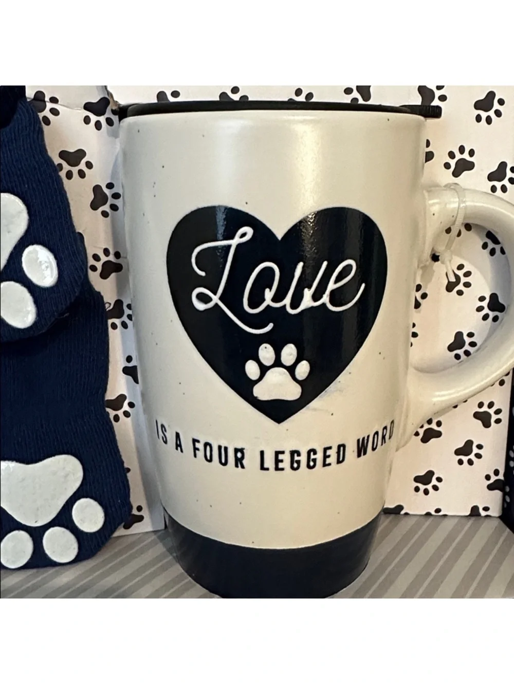 Sheffield Home Navy Dog Socks with White Paw Prints and Travel Mug